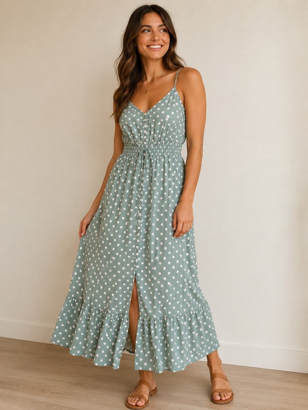 Sage Green Summer Polka Dot Button-Down Maxi Dress with Ruffle Hem Small